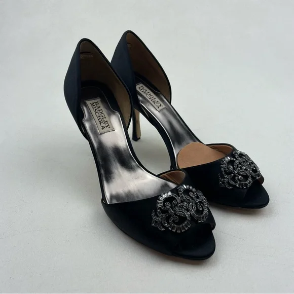 Badgley Mischka Black Satin Embellished Heels Size 8.5 - Picture 4 of 10